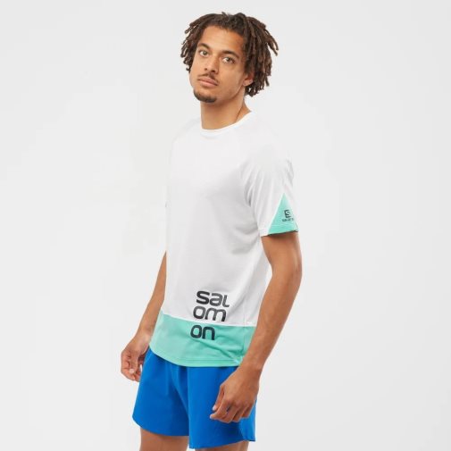 Camiseta Salomon Cross Run Estampados Corta Sleeve Hombre Blancos Turquesa | MX ZHFY259